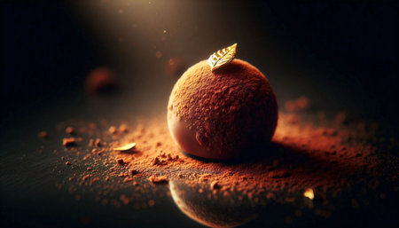 A beautiful, macro shot of a single, chocolate truffle, with a dusting of cocoa powder, and a single, gold leaf, on a dark, reflective surface, Ai generated image
