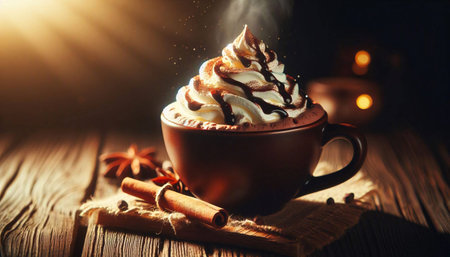 A warm, cozy scene of a cup of hot chocolate, topped with a mountain of whipped cream and a drizzle of chocolate sauce, with a cinnamon stick, Ai generated image