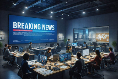 A dramatic, bustling scene of a modern newsroom, with a large, bright, digital screen displaying a breaking news headline, Ai generated image