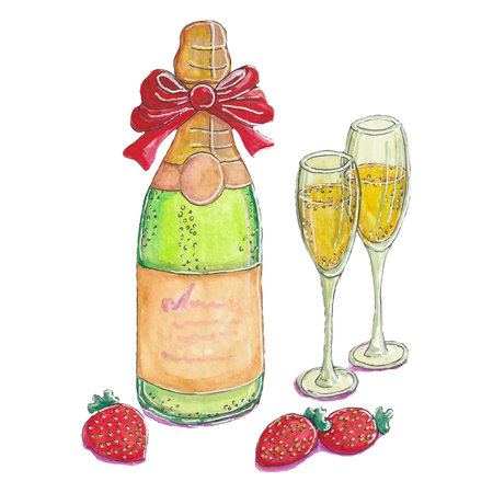 vector illustration bottle of champagne with glasses and strawberriesのイラスト素材
