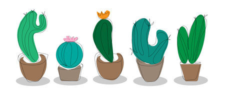 vector illustration lineart set of indoor cacti in potsのイラスト素材