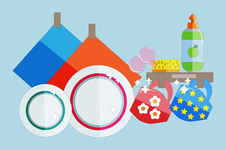 vector illustration of a kitchen corner with clean dishesのイラスト素材