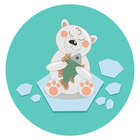vector illustration of a polar bear cub with a fish in its paws sits on an ice floeのイラスト素材