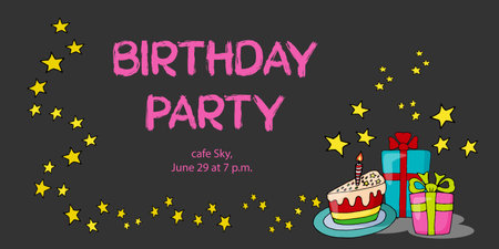 vector illustration of an invitation to a birthday party: cake and gifts with a garland of stars on a black backgroundのイラスト素材