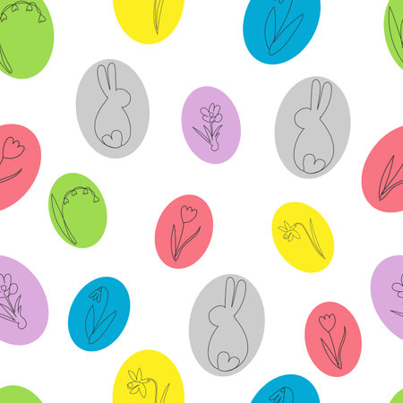 vector illustration seamless pattern of easter eggs with drawings flowers and rabbit lineartのイラスト素材
