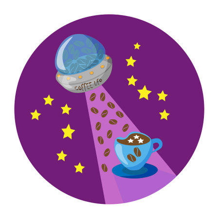 space coffee vector illustration - coffee ufo and cup of coffee in spaceのイラスト素材