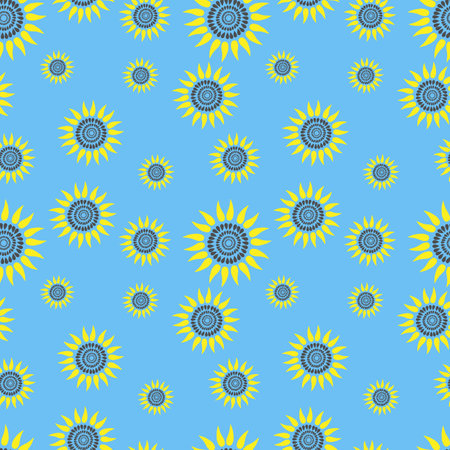 vector illustration seamless pattern of stylized sunflower on blue backgroundのイラスト素材