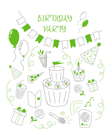 Happy birthday doodle set vector illustration. Party and celebration design balloon, gifts, cakes, drinksのイラスト素材