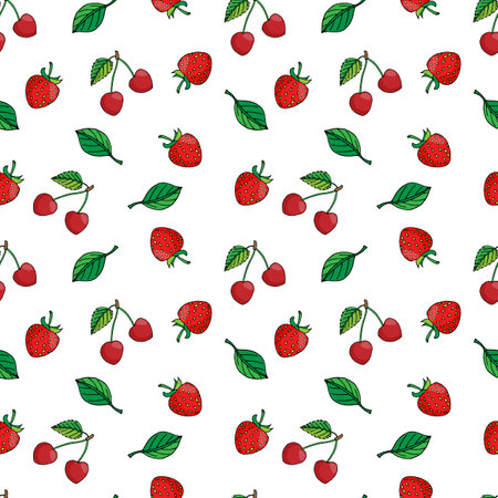 vector illustration of a seamless pattern summer berries strawberry and cherry with leaves on a white backgroundのイラスト素材
