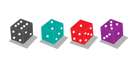 Vector illustration set of casino black, marine, red, violet poker dices isolated on white background. 3d board gamesのイラスト素材