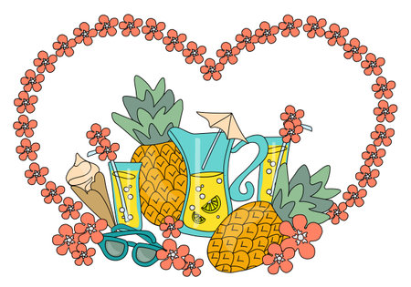 vector illustration summer romantic food, pineapple, ice cream, flowers and lemonade