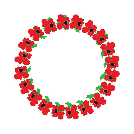 vector doodle illustration round frame wreath of red stylized poppiesのイラスト素材