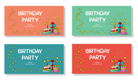 vector illustration set of an invitations to a birthday party - cake and gifts with a garland of stars on peach, mint, green blue and brick color backgroundsのイラスト素材