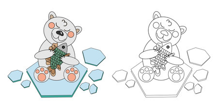 Vector illustration coloring book a polar bear cub with a fish on an ice floe. An outline black and white drawing and a color version for an example.のイラスト素材