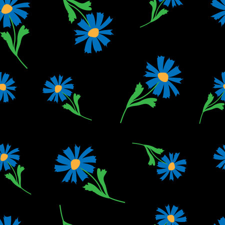 vector doodle illustration seamless pattern doodle cornflowers stylized on black backgroundのイラスト素材
