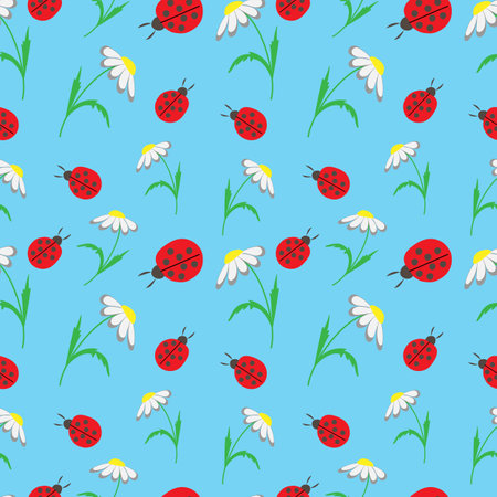 vector illustration of a seamless pattern of ladybugs and daisies on a blue backgroundのイラスト素材