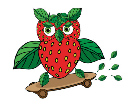 vector illustration of funny cartoon character strawberry owl on a skateboardのイラスト素材