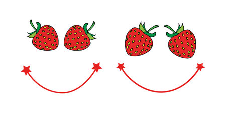 vector illustration set of kind and scarcastic strawberry smiles. facial expressions and emotions.のイラスト素材