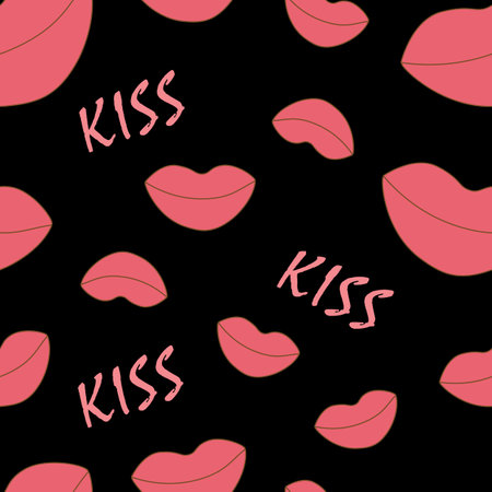 vector illustration seamless pattern pink lips with inscription kiss on black backgroundのイラスト素材