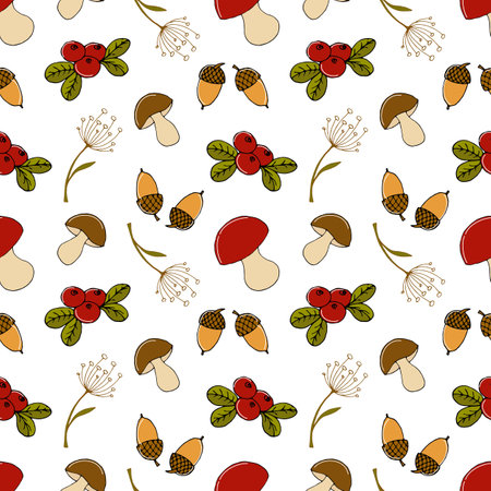 vector illustration of a seamless pattern autumn forest doodle mushrooms, cranberries and lingonberries, acorns, plant twigs on a white background. for packaging, wallpapers, textilesのイラスト素材