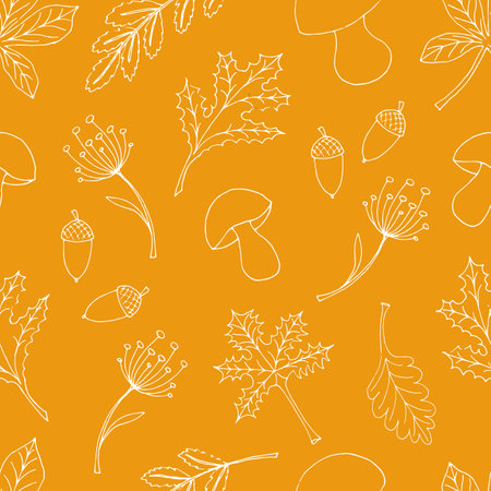 vector illustration of a seamless pattern doodle white contour autumn leaves, mushrooms and acorns on a yellow-orange backgroundのイラスト素材