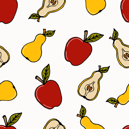 seamless pattern colored doodle fruits apples and pears on white - summer and autumn background, vector illustration. For packaging, textiles, wallpapers, web designのイラスト素材