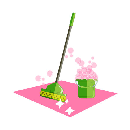 vector flat illustration - cleaning, mopping, mop and bucket with detergent and foam from soap bubbles.のイラスト素材