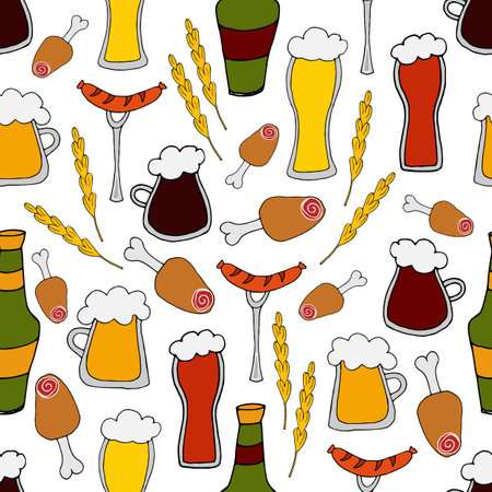 vector doodle illustration - seamless pattern different types of beer in mugs, glasses and bottles with snacks. Beer Festival. for packaging, web design, wallpaperのイラスト素材