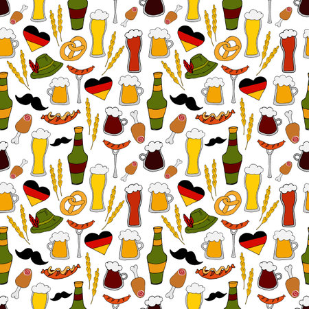 vector doodle illustration - seamless pattern Beer Festival. Germany flag in the form of a heart, different types of beer, snacks, hat and mustache. for packaging, web design, wallpaperのイラスト素材
