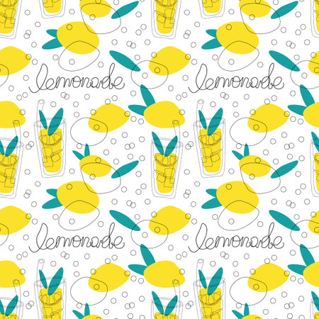 vector doodle outline illustration pattern seamless - drink lemonade in glasses with straw, ice, lemons, mint and lettering. Abstraction, black contour and colored spots in the form of fruits and leavesのイラスト素材