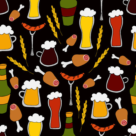 vector doodle illustration - seamless pattern different types of beer in mugs, glasses and bottles with snacks on black background. Beer Festival. for packaging, web design, wallpaperのイラスト素材