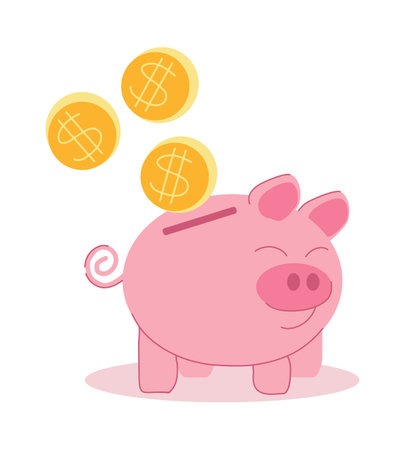 Piggy bank for money funny pig with gold coins with dollar sign. Vector illustration, isolatedのイラスト素材