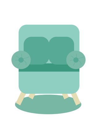 Blue green legged chair with pouffe, armrests and cushions and carpet on the floor. Modern classic upholstered furniture for the home. Vector flat illustration.のイラスト素材