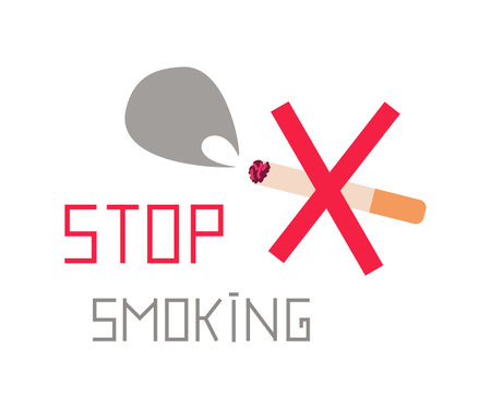Stop smoking inscription. Crossed out cigarette with smoke. vector illustrationのイラスト素材