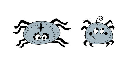 Two funny cute cartoon spiders. Design elements for cards, flyers, web for Halloweenのイラスト素材