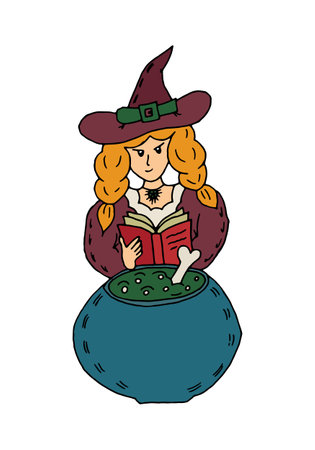 A witch in a hat holds a book of spells in her hands and brews a potion. Halloween, cartoon doodle...