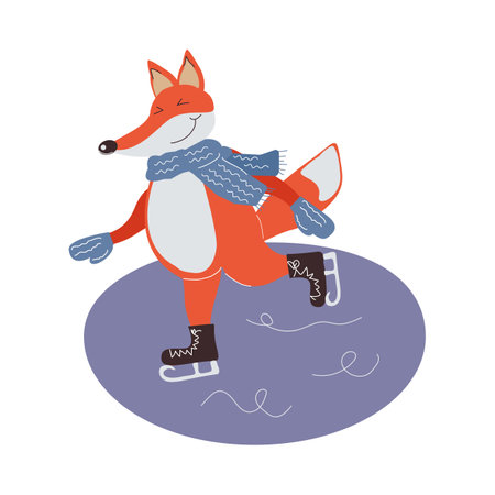 A funny cartoon fox character in a scarf and mittens skates on the ice. Vector cartoon illustration for cards, children's books, invitations.のイラスト素材