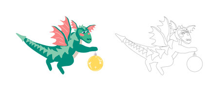 New Year's children's coloring book green winged dragon with a yellow Christmas ball. Vector cartoon illustration for children's books with coloring exampleのイラスト素材