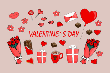 Set of romantic love elements for Valentine's Day holiday. Vector doodle illustration for design of cards, labels, banners, stickers, invitationsのイラスト素材