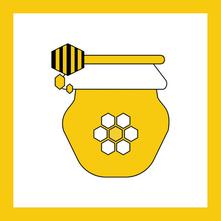 Honey jar sign icon and honey dipper with drops - flat vector illustration with yellow frame. Icon on the theme of honey and beekeepingのイラスト素材