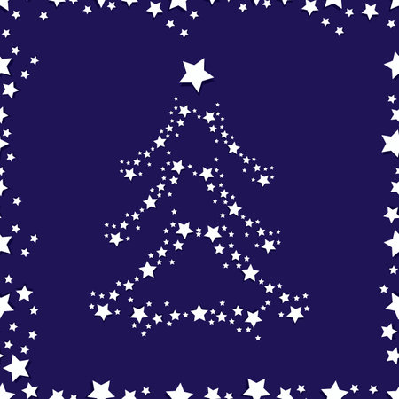 Vector festive dark blue background - seamless Christmas pattern with frame and Christmas tree made of white volumetric stars for packaging, textile, web designのイラスト素材