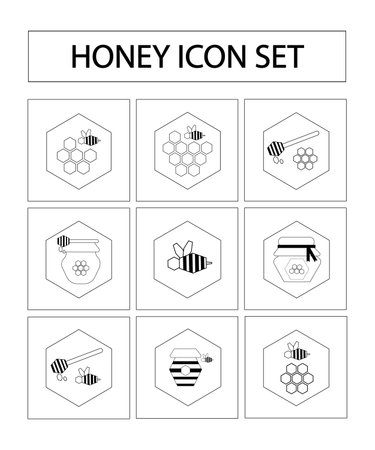 Set of icons on the theme of honey and beekeeping - bees, flowers, beehive, jars of honey, honeycombs inside polygons. Flat vector illustration in black and white colorsのイラスト素材