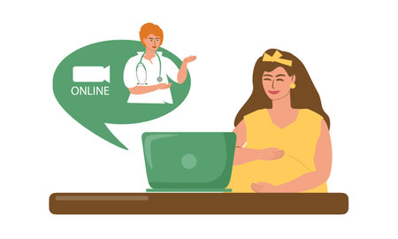 Pregnant woman having an online consultation with a doctor. Motherhood, caring for the health of the expectant mother, medical care, support, modern technology. Vector color illustration.のイラスト素材