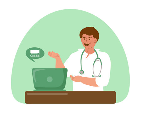 Doctor man having an online consultation with a patient. The doctor gives recommendations to the patient via video link, medical assistance, modern technologies. Vector color illustration.のイラスト素材