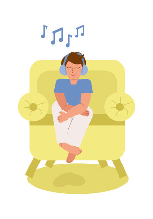 A boy with autism with his eyes closed sits in a soft chair, smiles and listens to music on headphones alone. Relaxation, meditation, art therapy, music therapy, childhood autism. Vetcore color illustrationのイラスト素材