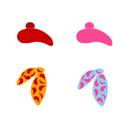 Women's wool berets in red and pink with silk scarves in blue and yellow. Demi-season hats, accessories for women. Colored vector illustrationのイラスト素材