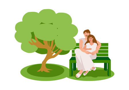A young married couple, a husband and a pregnant wife, are sitting in an embrace on a park bench near a tree in the summer. Vector flat illustration.のイラスト素材