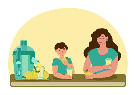 Mom and son are in a good mood drinking freshly squeezed pear juice and eating fruit together. There is an electric juicer on the table.のイラスト素材