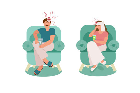 A man and a woman with a headache hold a glass of painkiller in their hand while sitting on a chair. People suffer from migraines, hypertension, stress. Vector illustration.のイラスト素材