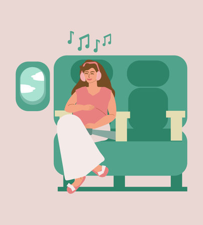 A young pregnant woman sits in a seat on an airplane, smiles, listens to music on headphones alone and looks out the window. Relaxation, meditation, maternity leave, motherhoodのイラスト素材